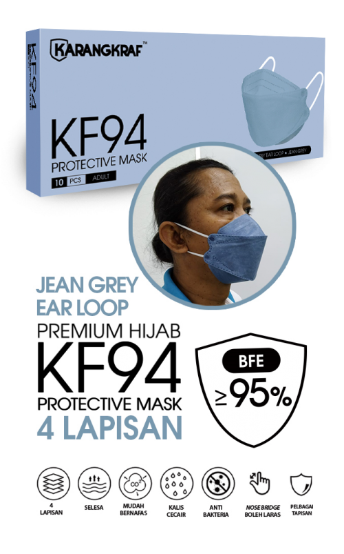Karangkraf KF94 Face Mask 4ply  (10pcs, Earloop) - Jean Grey
